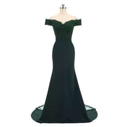 sd-hk elegant dark green off shoulder wedding dress for women with lace bodice and mermaid silhouette