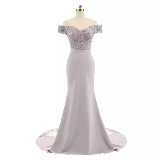 Off shoulder wedding dress for women with lace bodice and fitted satin skirt by sd-hk