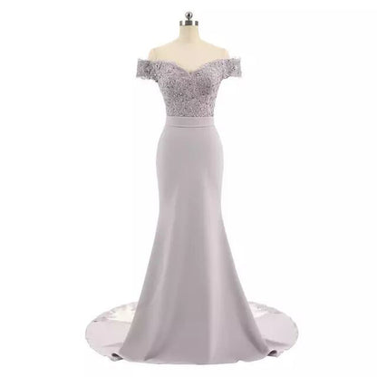 Off shoulder wedding dress for women with lace bodice and fitted satin skirt by sd-hk