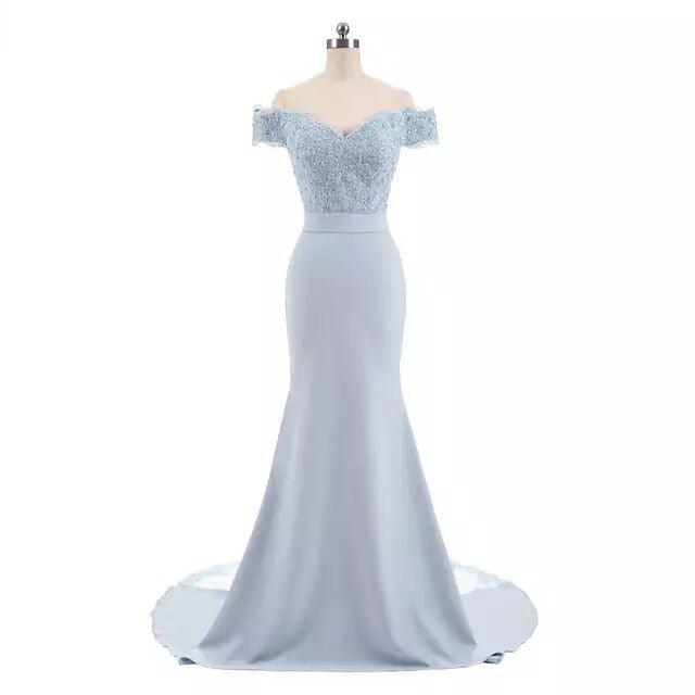 Elegant light blue off shoulder wedding dress for women with lace bodice and fitted silhouette