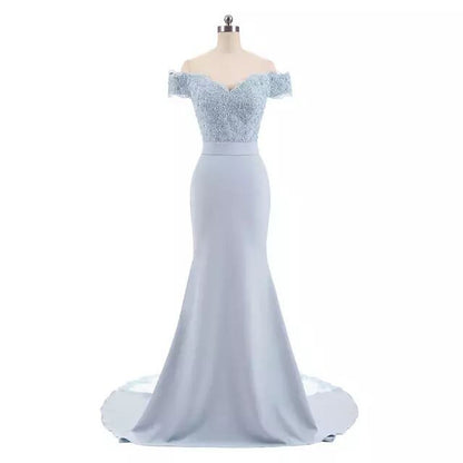 Elegant light blue off shoulder wedding dress for women with lace bodice and fitted silhouette