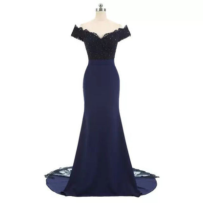 Elegant navy blue off shoulder wedding dress for women with fitted bodice and flowing train
