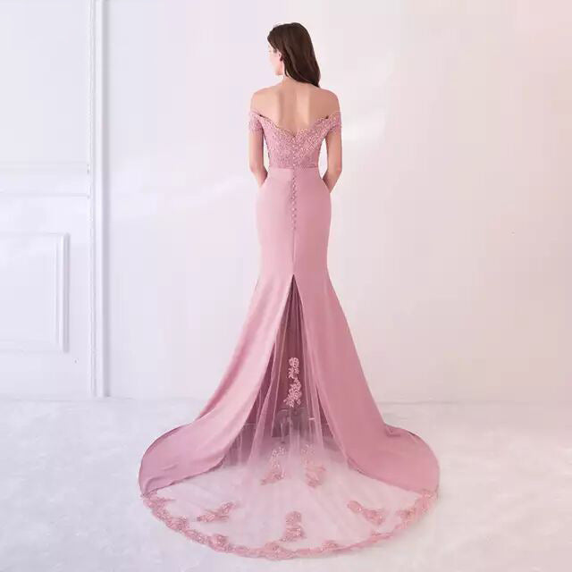 sd-hk off shoulder wedding dress for women in pink with lace details and long train
