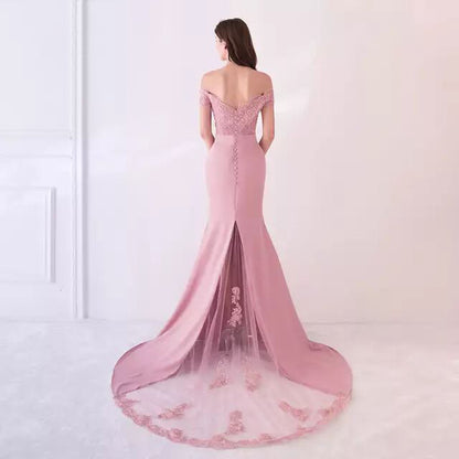 sd-hk off shoulder wedding dress for women in pink with lace details and long train