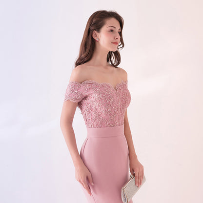 Elegant pink off shoulder wedding dress for women with lace bodice and fitted skirt by sd-hk