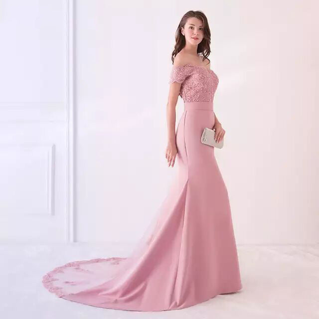 Elegant pink off shoulder wedding dress for women with lace bodice and long flowing train