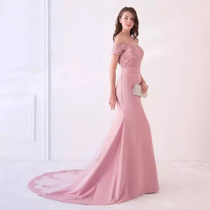 Elegant pink off shoulder wedding dress for women with lace bodice and long flowing train