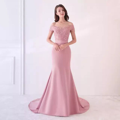 Elegant pink off shoulder wedding dress for women with lace bodice and mermaid skirt by sd-hk