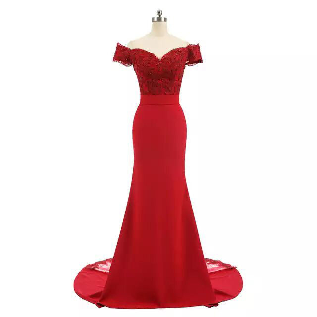 Elegant red off shoulder wedding dress for women with lace bodice and long skirt by sd-hk