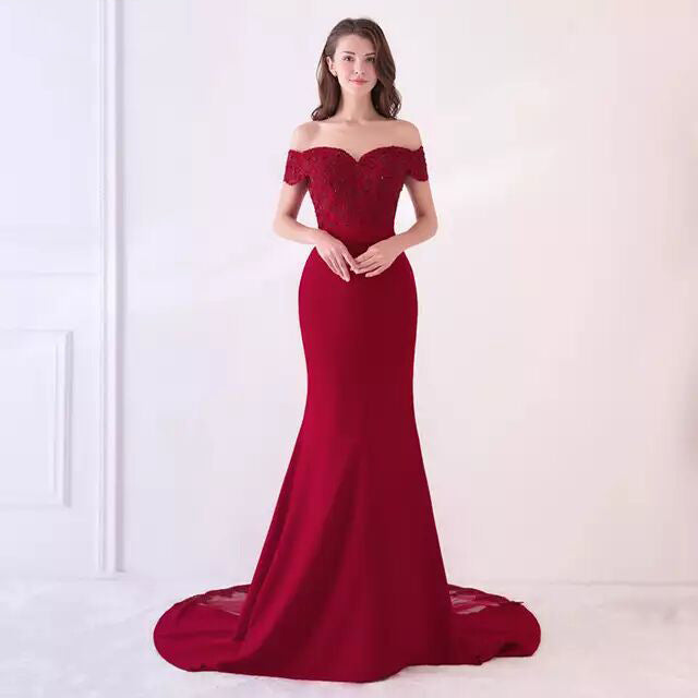 Elegant red off shoulder wedding dress for women with lace bodice and fitted mermaid skirt by sd-hk