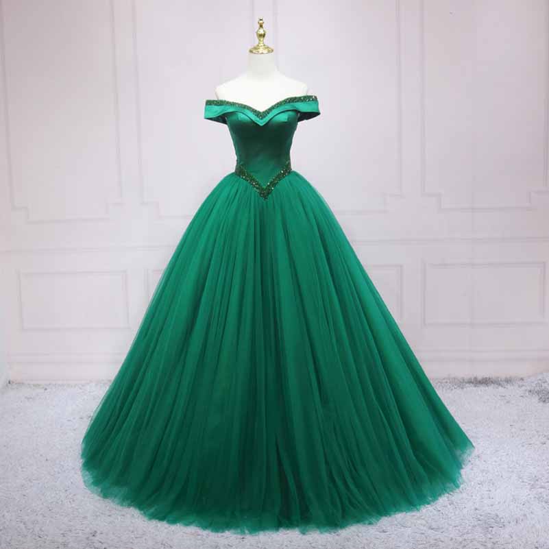 Elegant green off the shoulder ball gown prom dress with a fitted bodice and flowing tulle skirt