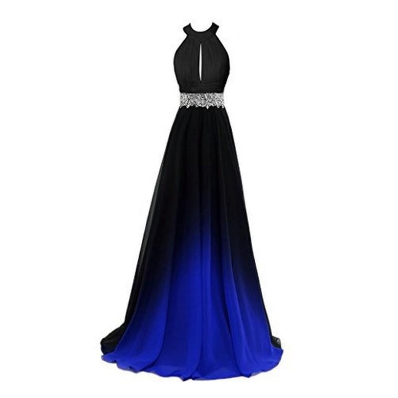 Elegant ombre long prom dress in black and blue with a stunning jeweled belt for formal occasions