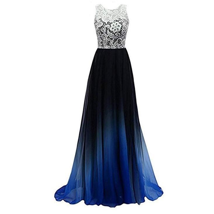 Elegant ombre long prom dress with lace bodice and flowing skirt in shades of blue