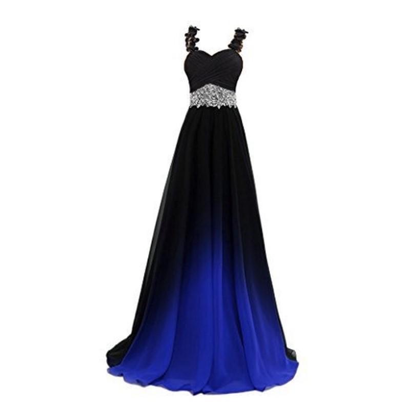 Elegant sd-hk ombre long prom dress in black and blue with a jeweled waistband and floral straps