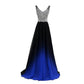 Ombre long prom dress with embellished bodice and flowing black to blue gradient skirt