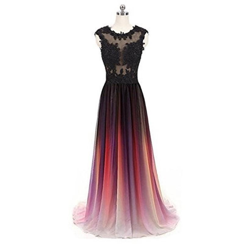 Elegant black and pink ombre long prom dress with lace bodice and flowing skirt for bridesmaids