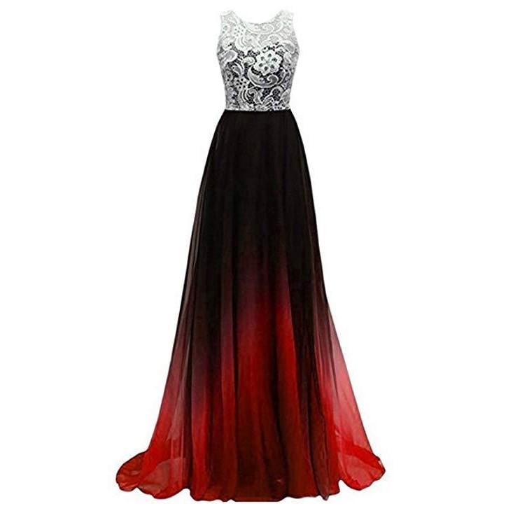 Elegant ombre long prom dress with a lace bodice and flowing red to black gradient skirt
