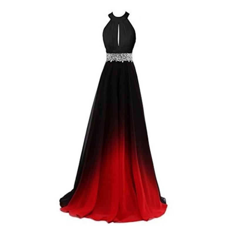 Elegant ombre long prom dress by sd-hk featuring a black top and red gradient skirt with a jeweled belt
