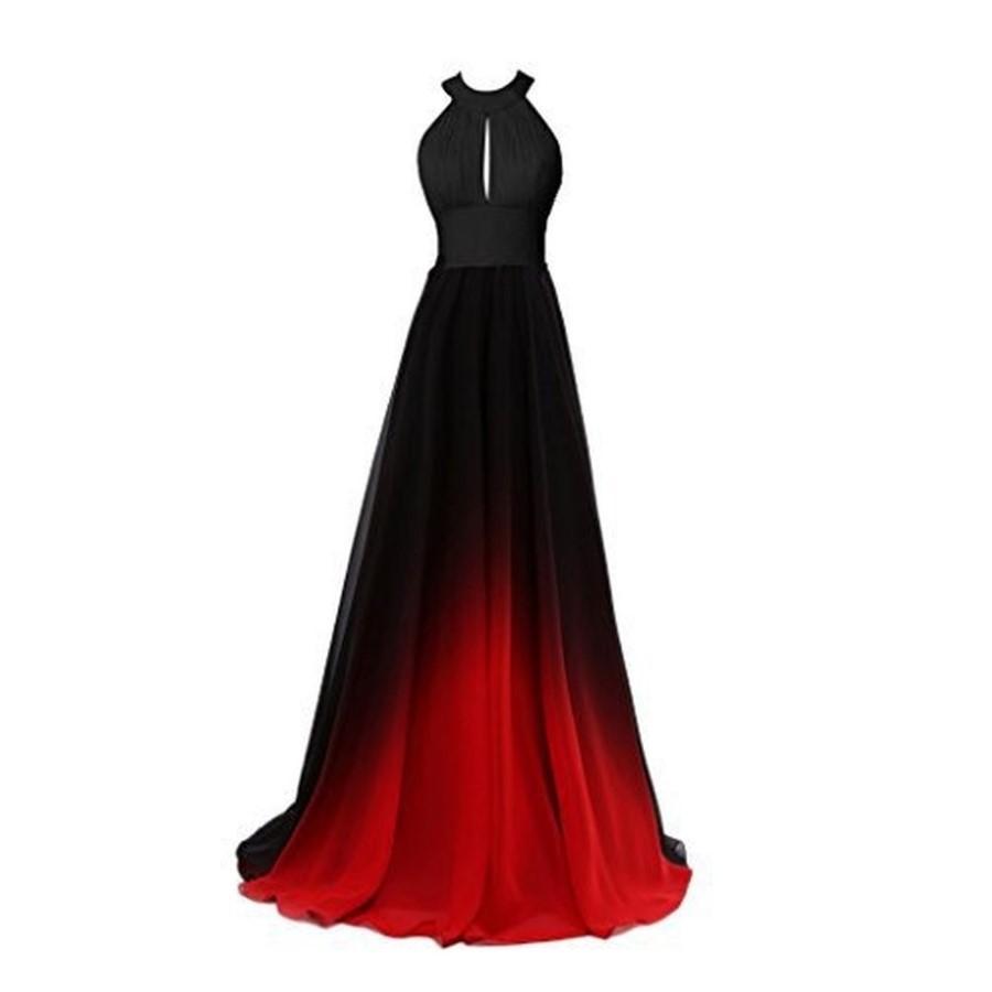 Elegant ombre long prom dress featuring a keyhole neckline and flowing skirt in black to red gradient