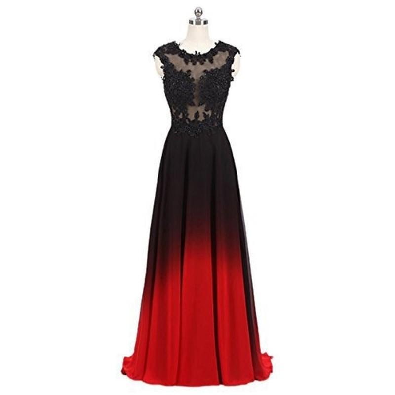 Elegant ombre long prom dress featuring a black lace bodice and a stunning red gradient skirt
