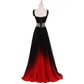 Elegant ombre long prom dress in black and red with floral straps and embellished waist detail