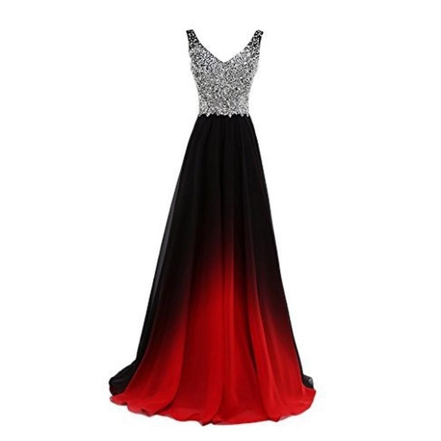 Elegant ombre long prom dress with beaded bodice and flowing black to red gradient skirt