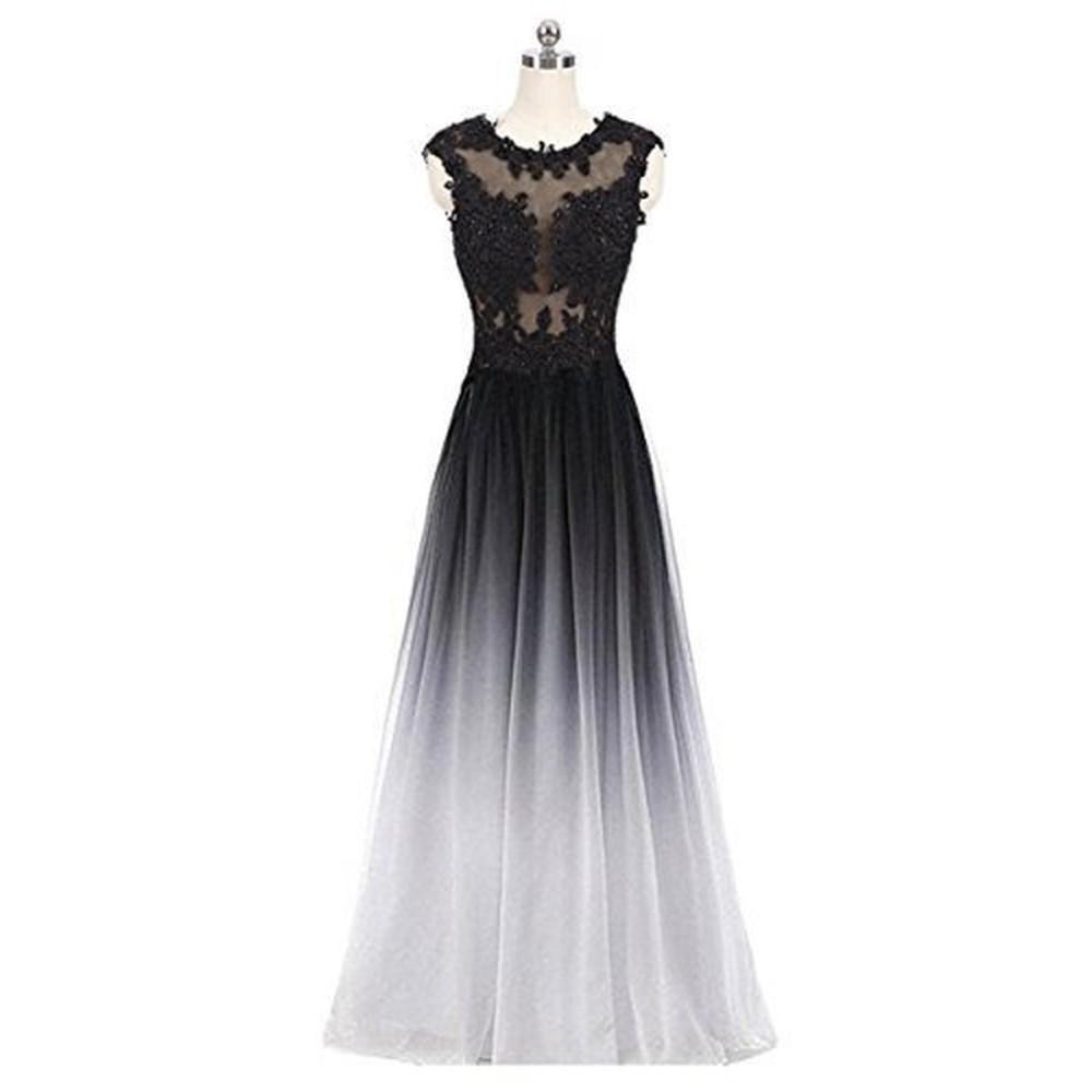 Elegant ombre long prom dress with floral lace detailing and a flowing skirt for bridesmaids