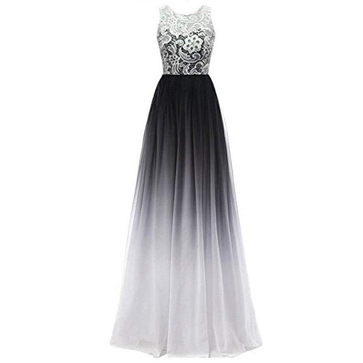Elegant ombre long prom dress featuring a lace bodice and flowing gradient skirt