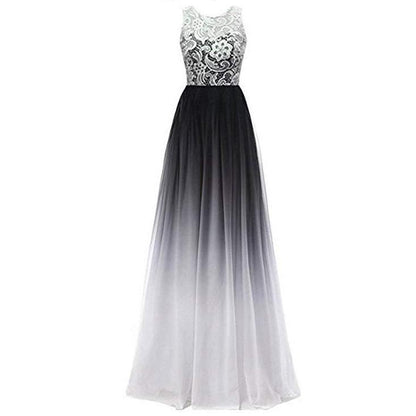 Elegant ombre long prom dress featuring a lace bodice and flowing gradient skirt