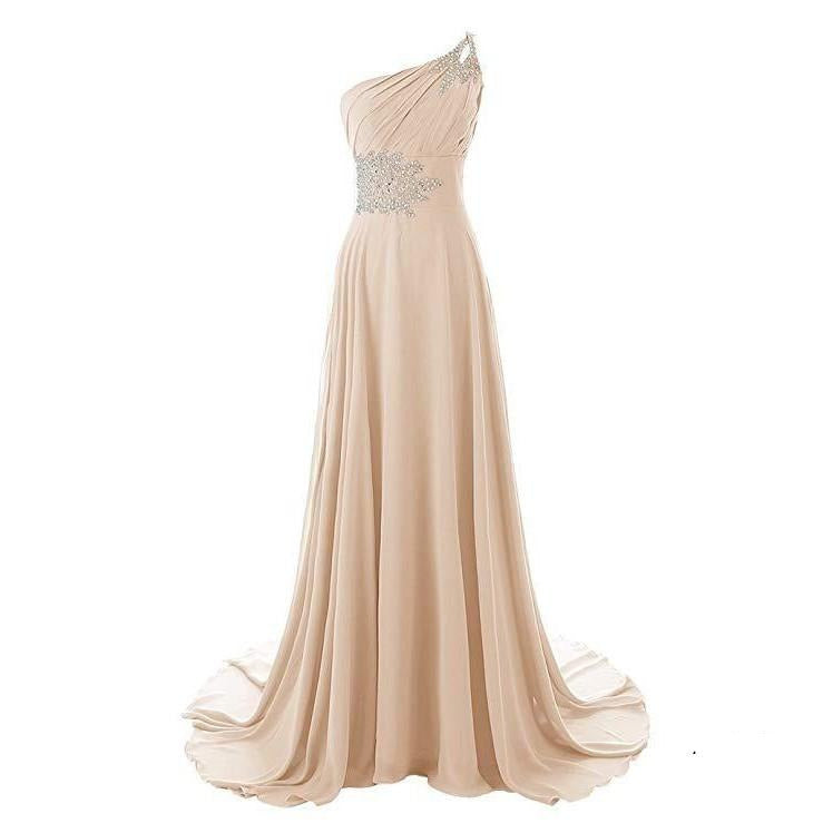 Elegant one shoulder chiffon bridesmaid dress in soft beige with sparkling embellishments
