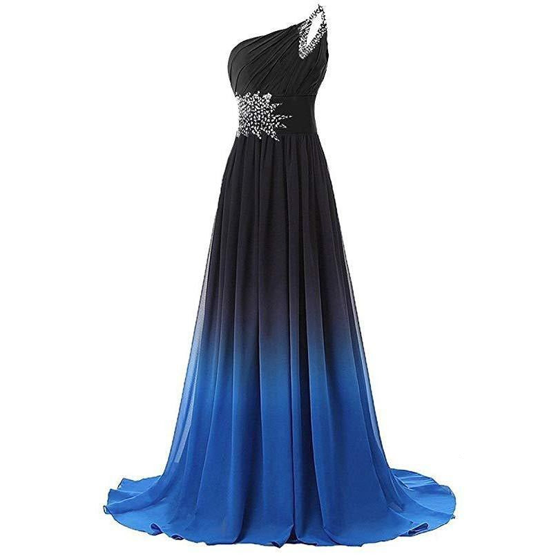 Elegant one shoulder chiffon bridesmaid dress in black and blue ombre with sparkling embellishments