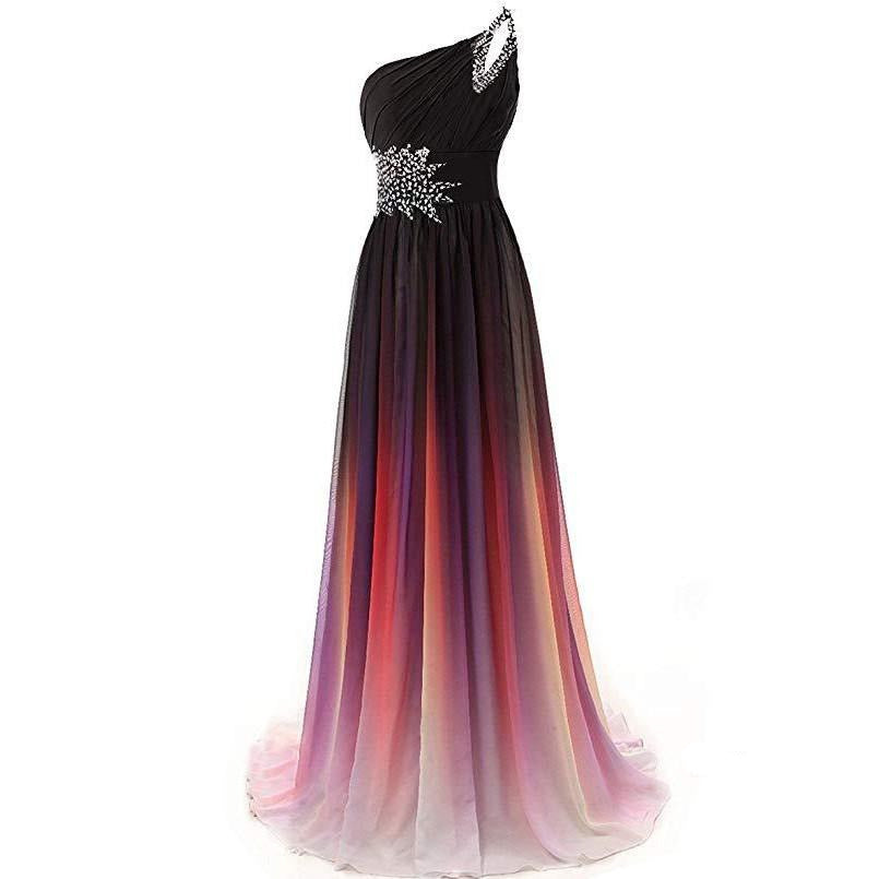 Elegant one shoulder chiffon bridesmaid dress in black and ombre shades with sparkly embellishments