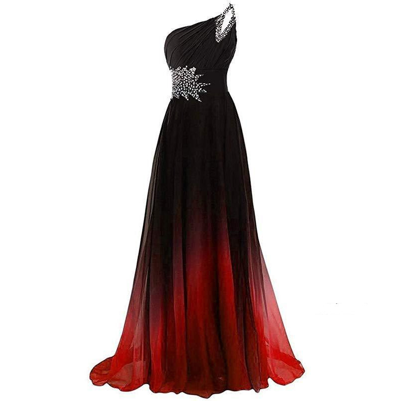 Elegant one shoulder chiffon bridesmaid dress in black and red ombre with embellished waist detail