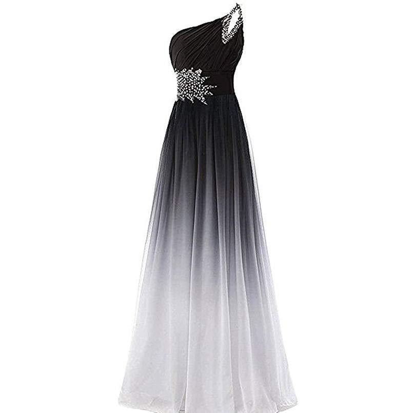 Elegant one shoulder chiffon bridesmaid dress with jeweled detail and ombre design in black and white