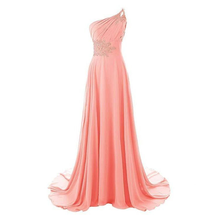 Elegant one shoulder chiffon bridesmaid dress in soft coral with exquisite detailing and flowy skirt