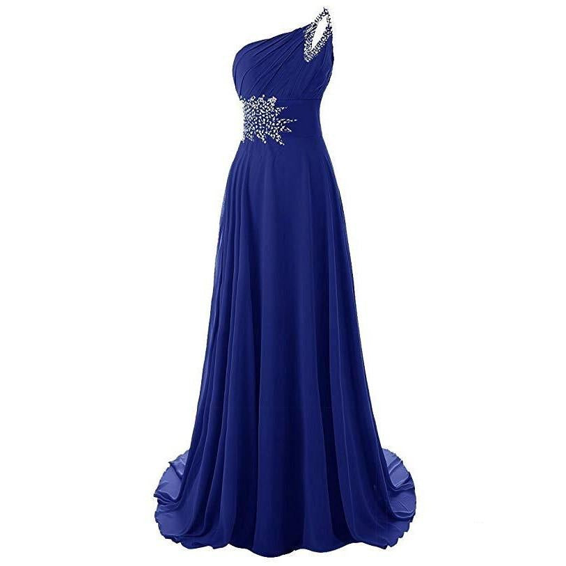 Elegant one shoulder chiffon bridesmaid dress in navy blue with detailed embellishments