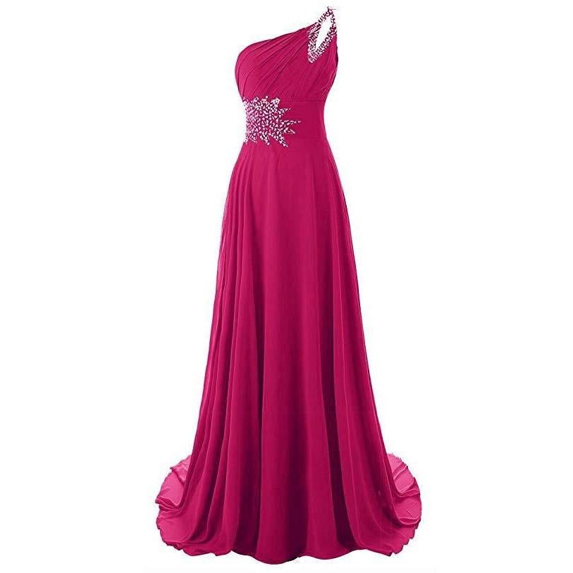 Elegant one shoulder chiffon bridesmaid dress in fuchsia with embellished waist for special occasions
