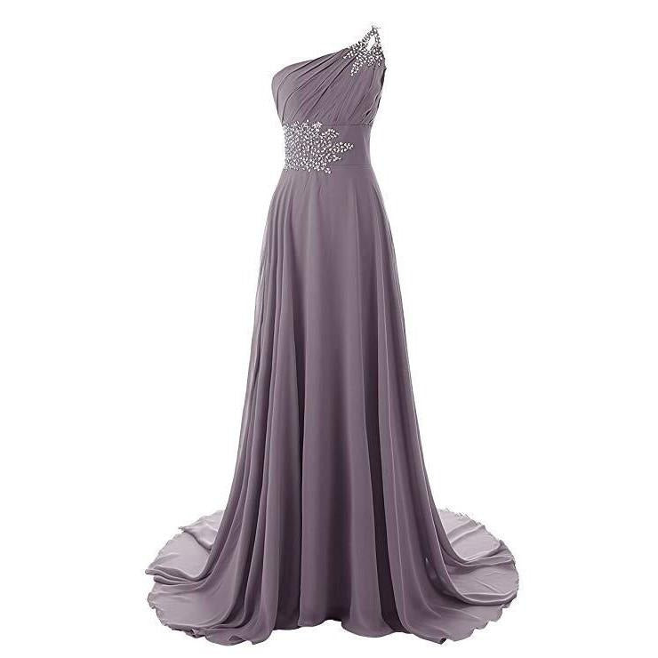Elegant one shoulder chiffon bridesmaid dress in lavender with sparkling embellishments and flowing train
