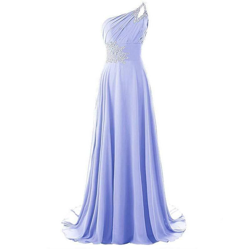 Elegant one shoulder chiffon bridesmaid dress in lavender with detailed beading and flowy skirt