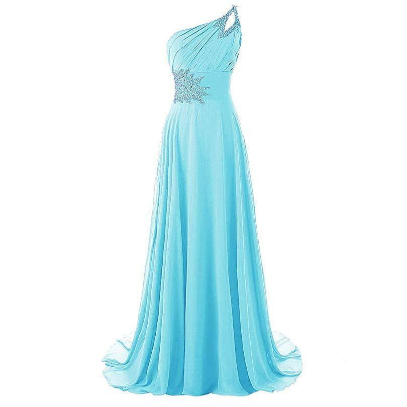 Elegant one shoulder chiffon bridesmaid dress in light blue with detailed beading and flowy silhouette