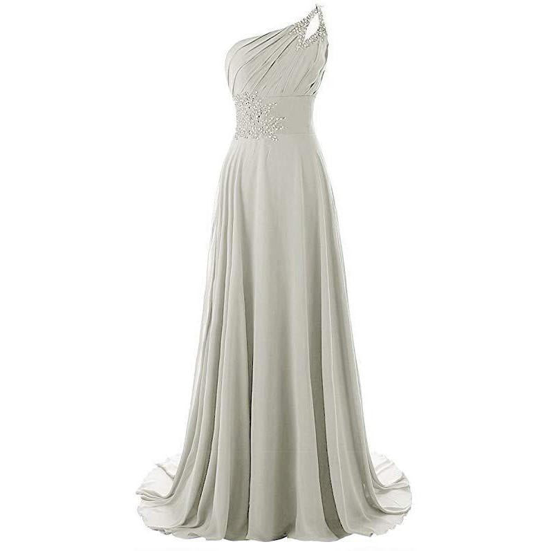 Elegant one shoulder chiffon bridesmaid dress with embellished waist and flowing silhouette