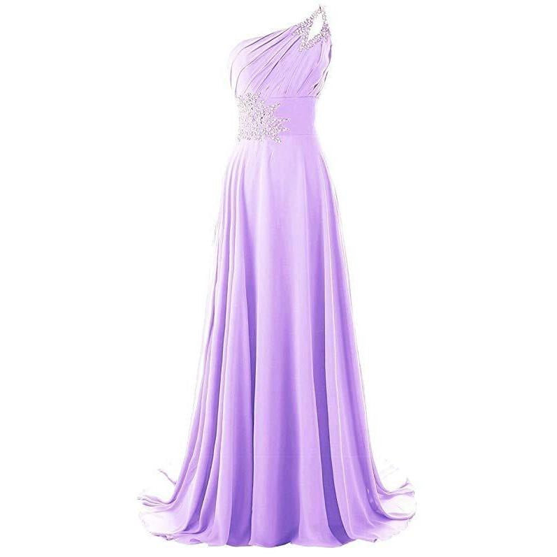 Elegant one shoulder chiffon bridesmaid dress in lavender with floral embellishments