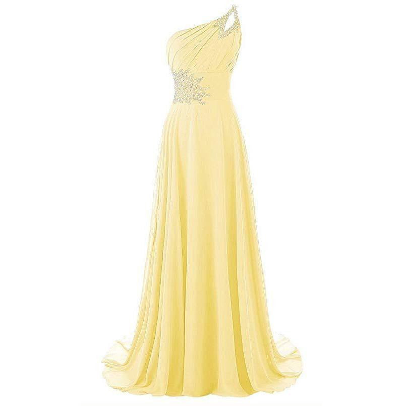 Elegant one shoulder chiffon bridesmaid dress in soft yellow with decorative beading on the waist