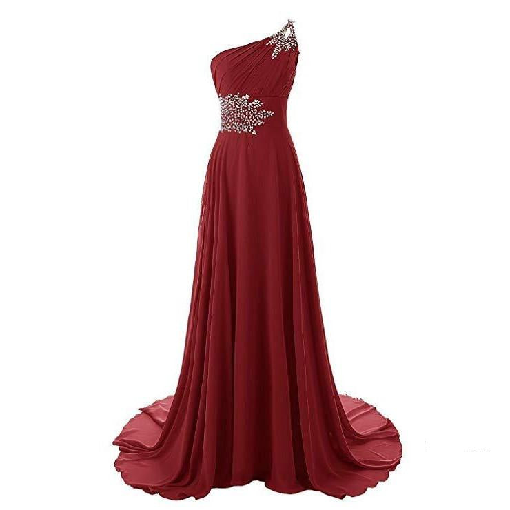 Elegant one shoulder chiffon bridesmaid dress in burgundy with sparkling embellishments and flowing design