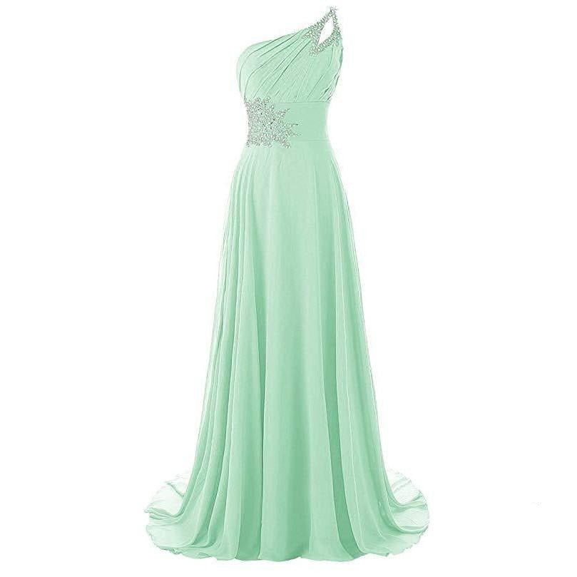 Light green one shoulder chiffon bridesmaid dress with beaded detailing and a flowing silhouette