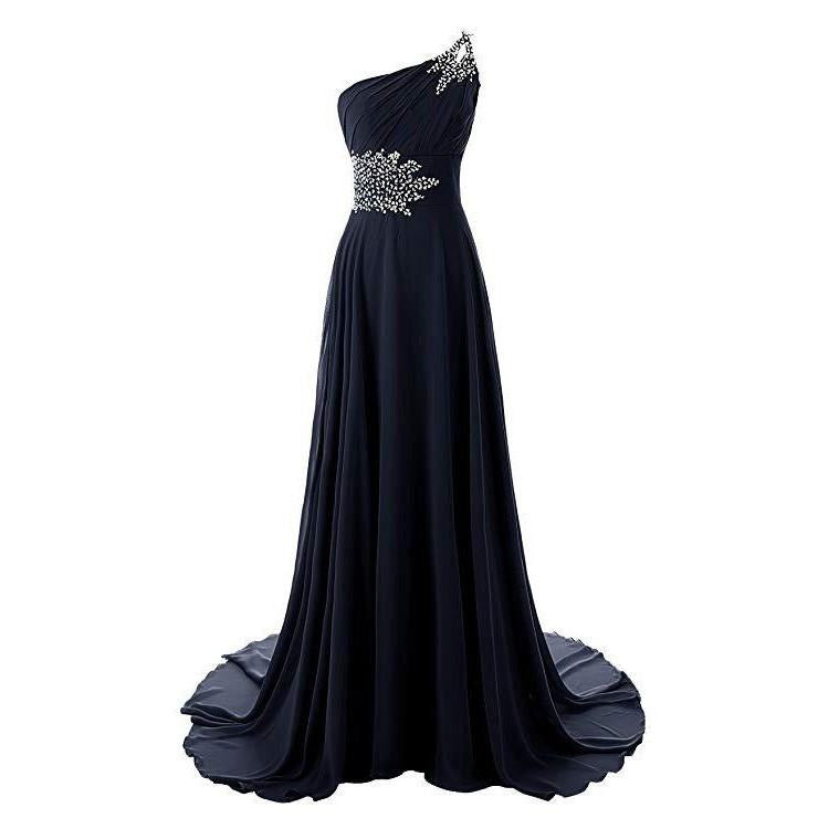 Elegant one shoulder chiffon bridesmaid dress in navy with sparkling bead detailing