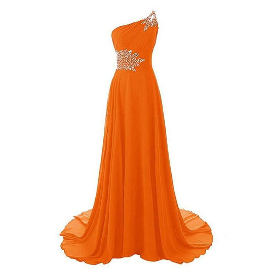 Elegant one shoulder chiffon bridesmaid dress in vibrant orange with sparkling embellishments