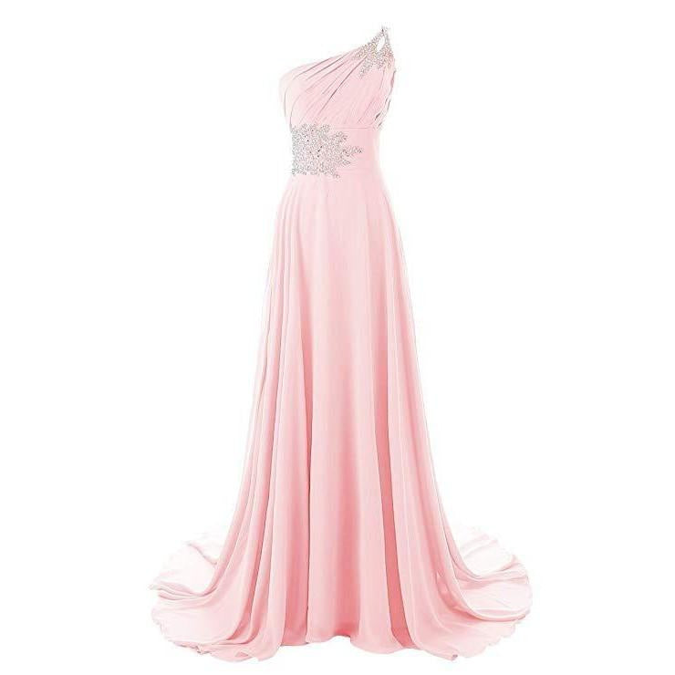 Elegant one shoulder chiffon bridesmaid dress in soft pink with embellished waist detail