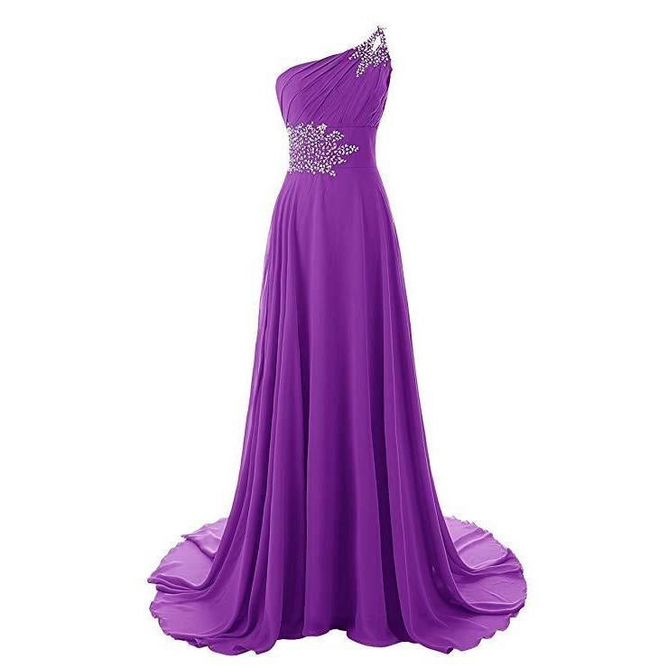 Elegant one shoulder chiffon bridesmaid dress in vibrant purple with embellished waist detail