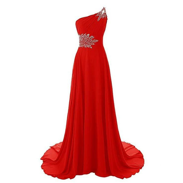 Elegant one shoulder chiffon bridesmaid dress with beaded embellishments in vibrant red